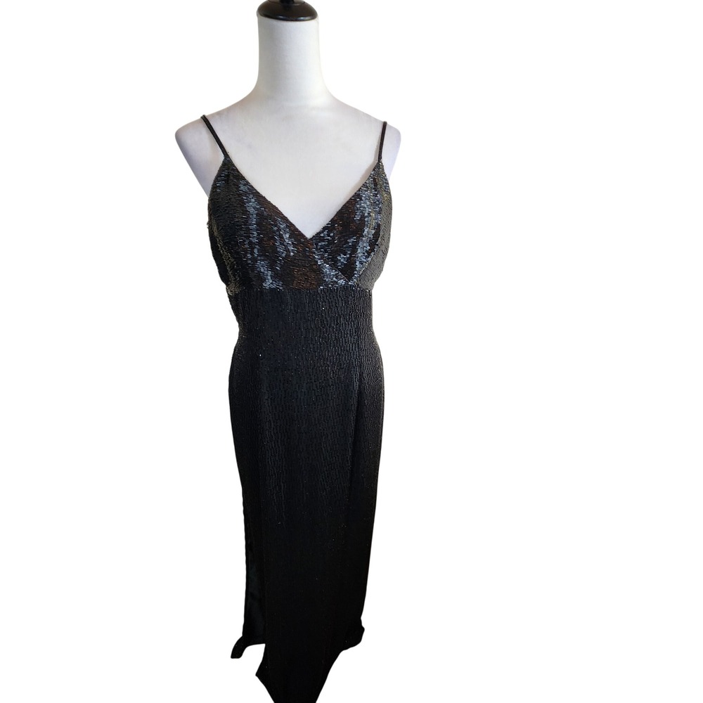 Cache Vintage Black Silk Beaded Gown Maxi Dress Low Strappy Back Sz L 10 12 Y2K‎